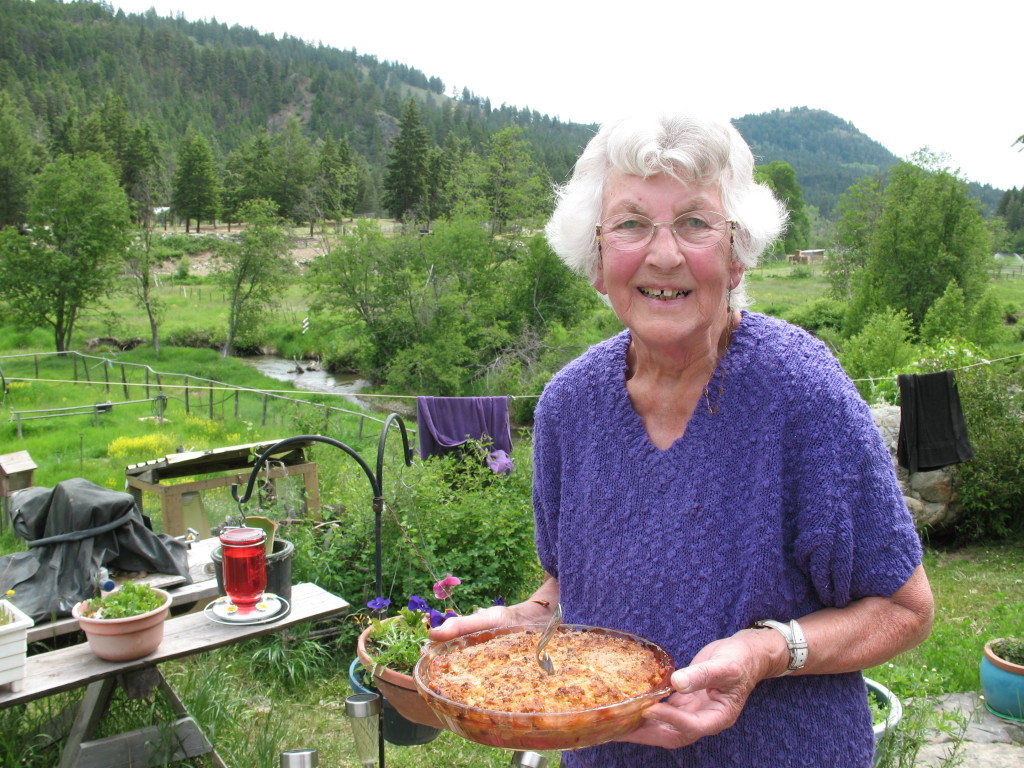 Laila Bird holding the rhubarb crisp, which she later served us with ice cream 